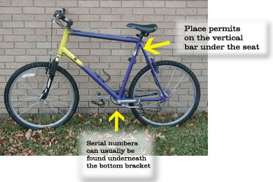 Image of where to place a bicycle permit and where to find the serial numbers on a bicycle.